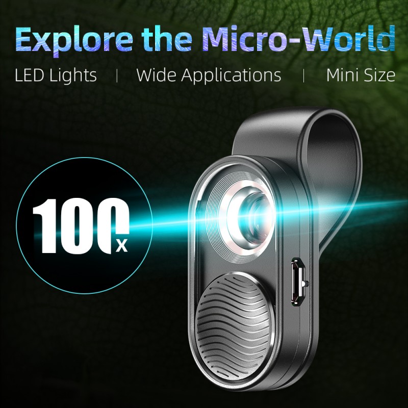 100X Zoom Clip-on Microscope with LED Light, Magnifying Lens Glass