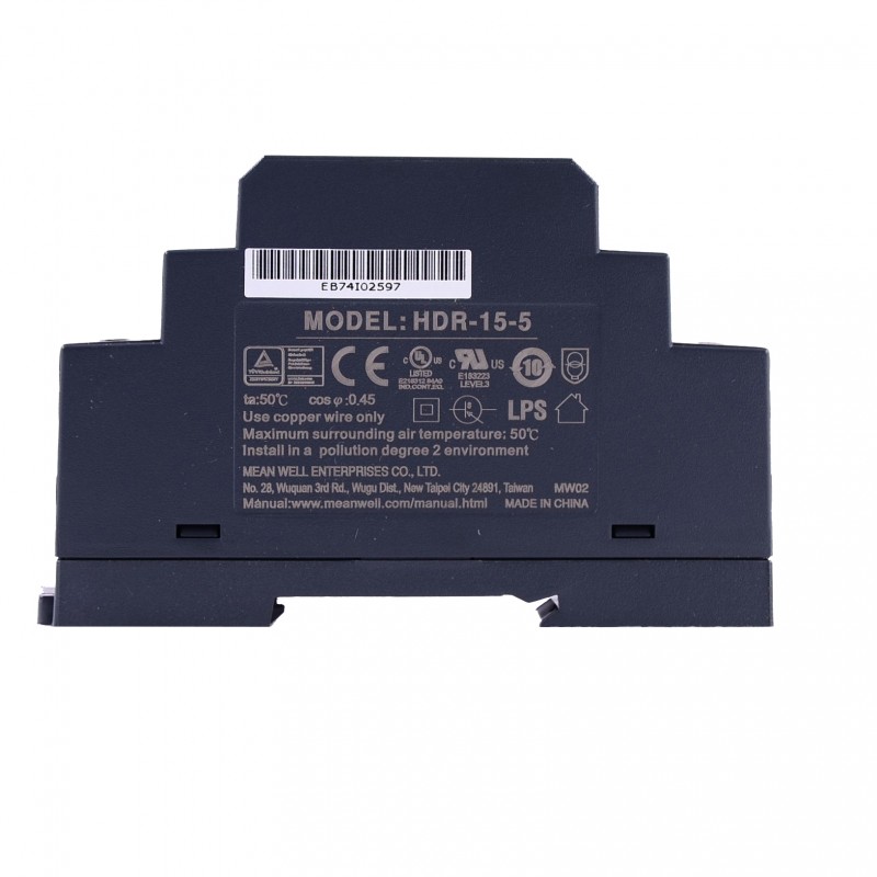MEAN WELL HDR-15-5 DIN Rail Power Supply - 5V 2.4A 12W Ultra Slim Step-Shape Design For Industrial Applications