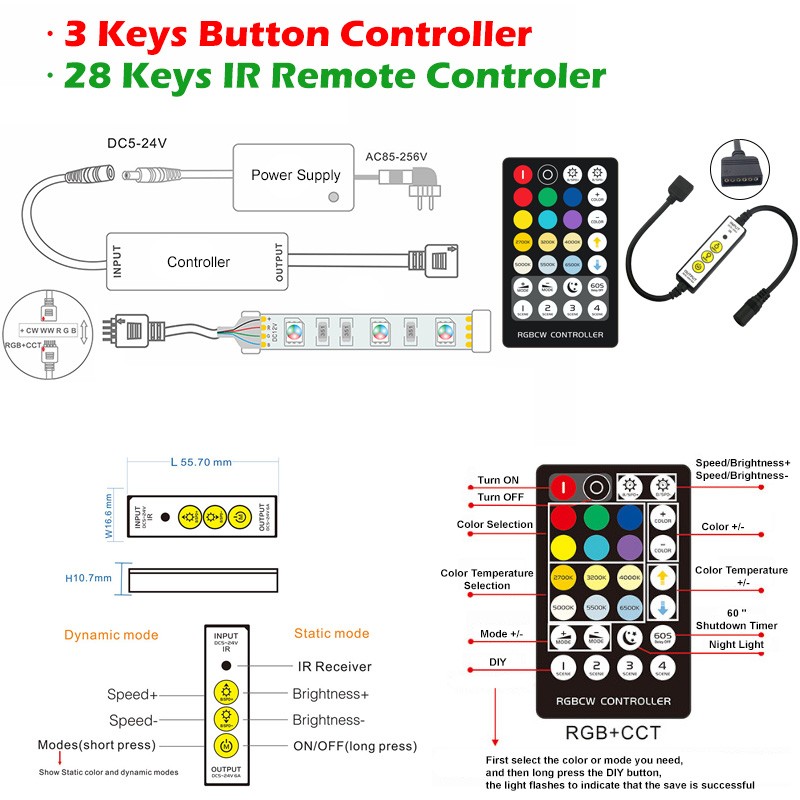 28 Keys 6pin RF IR Remote Controller Button Control Dimmer Adjust ...