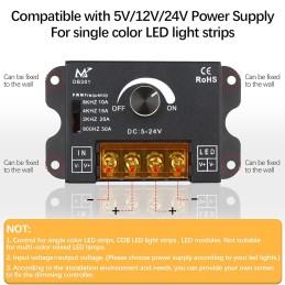 LED Knob Dimmer 5V 12V 24V 10A/30A PWM Frequency Adjustable LED Dimming Controller Switch ON OFF for Single Color LED Strip